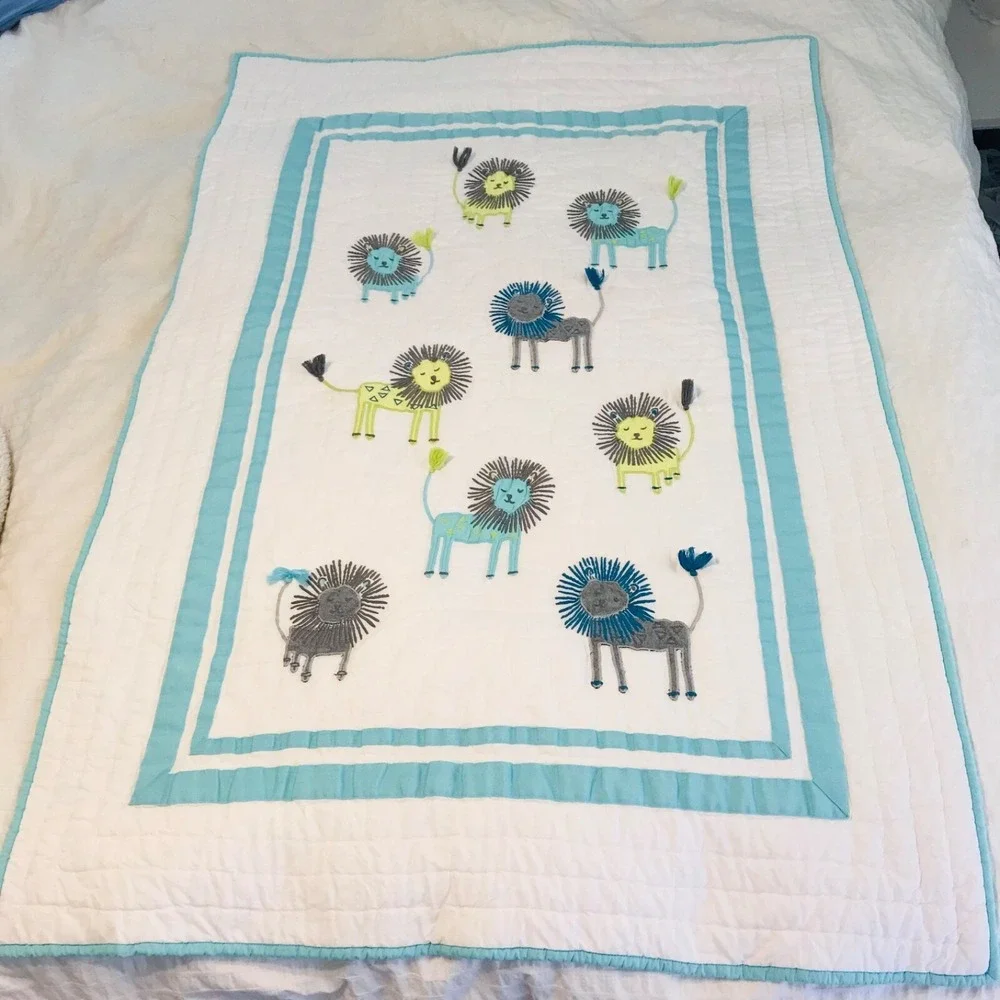 Pottery Barn Baby Quilt Lion Organic Cotton Blanket Toddler Kid Crib Aqua
